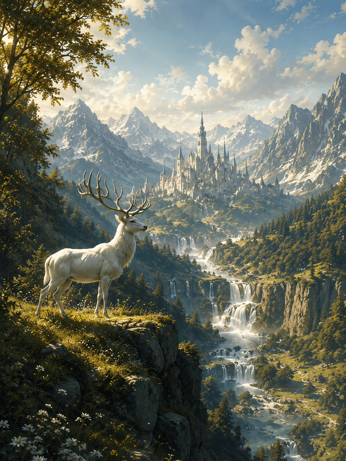 The portal into Throne of Glass: a white stag on a cliff above waterfalls, a glass castle in the mountains beyond